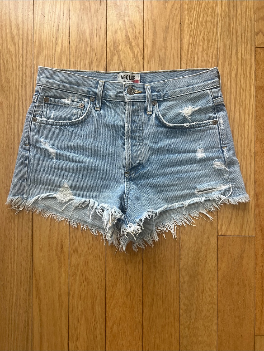 Agolde Light Wash Frayed High-Rise Denim Shorts